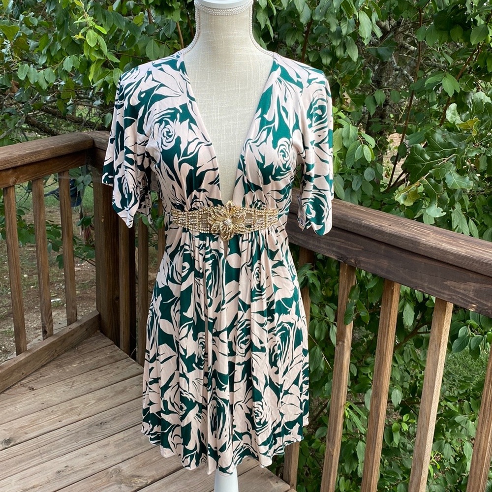 Sky brand floral rhinestone belted deepV dress